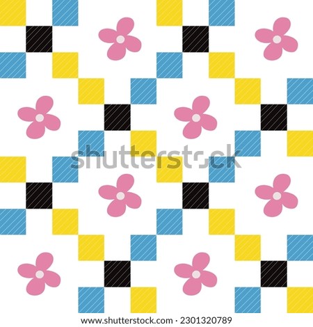 A blue, black, yellow, and pink patchwork painting.