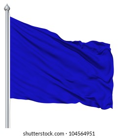 Blue Blank Flag With Flagpole Waving In The Wind Against White Background