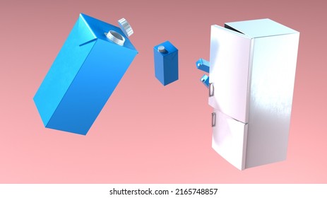 Blue Blank Milk Boxes Floating Out Of A Fridge. Carton Packaged Milk Getting Out Of A Refrigerator Design.  On Neutral Colorful Background.
Original 3D Render. 