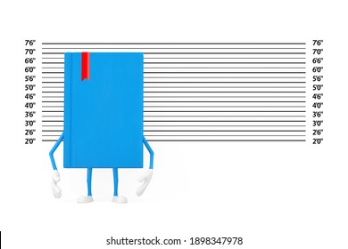 Blue Book Character Mascot In Front Of Police Lineup Or Mugshot Background Extreme Closeup. 3d Rendering