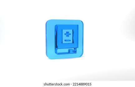 Blue Book With Mathematics Icon Isolated On Grey Background. Math Book. Education Concept About Back To School. Glass Square Button. 3d Illustration 3D Render.