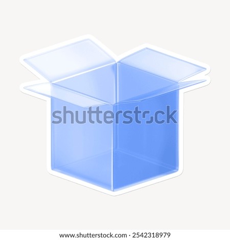 Blue box with open flaps. The box is blue, with a clear, transparent design. Open flaps reveal the blue box's interior. Simple, blue, and transparent. 3D box illustration, shopping concept.