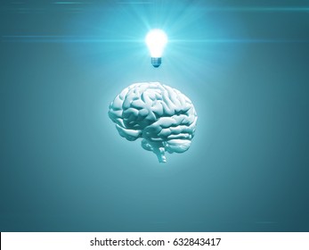 Blue Brain And Lightbulb Concept With Copy Space - 3D Rendered Illustration