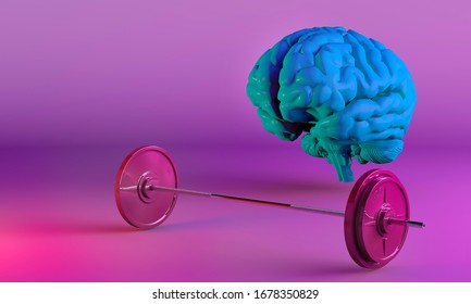 Blue Brain Training,rock The Muscles With A Barbell. Modern Flat Style Thin , Pink Background , 3d Rendering