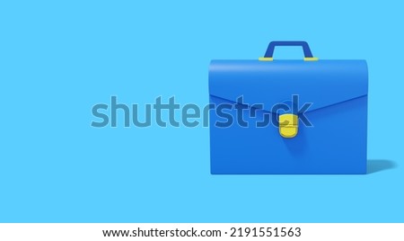Blue briefcase on blue background. Front view. Portfolio icon banner with space for text. 3D rendering