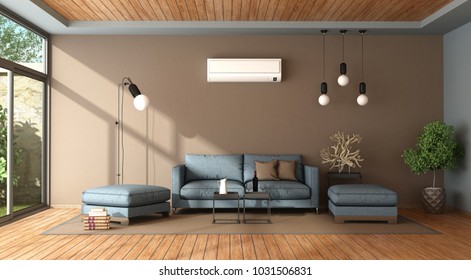 Blue and brown living room with air conditioner , sofa and footstool - 3d rendering