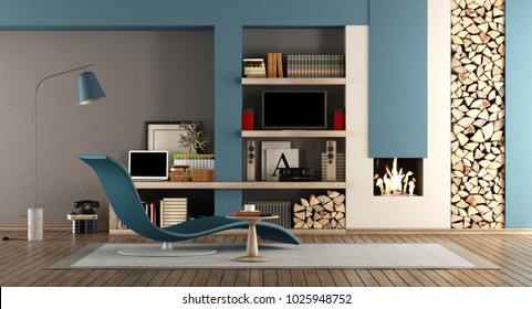 Blue And Brown Living Room With Fireplace,chaise Lounge And Tv Set - 3d Rendering