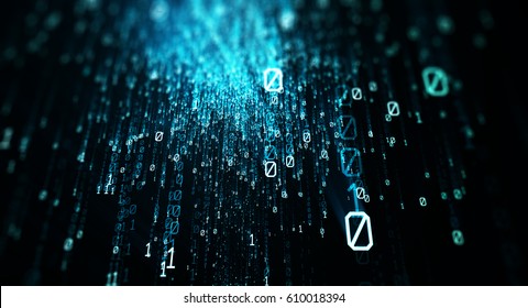 Blue bytes of binary code flying through a vortex, background code depth of field. Binary code  background. 3D Rendering