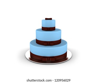 Blue Cake On Three Floors With Chocolate Ribbons And Bows On It Isolated On White Background