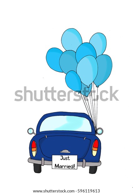 Blue car with balloons with balloons and \