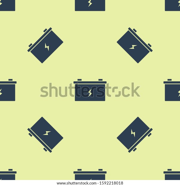 Blue Car battery icon isolated seamless\
pattern on yellow background. Accumulator battery energy power and\
electricity accumulator battery. \
