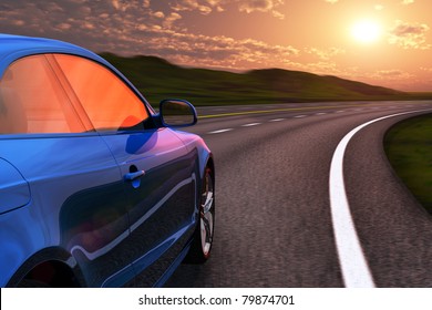 Blue Car Driving By Autobahn In Sunset With Motion Blur Effect