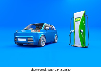  Blue Car. Generic Electric Car, Hybrid Vehicle, Futuristic City Car, Alternative Fuel Vehicle, Electric Vehicle Charging Station, In Blue Photography Studio. 3d Render.