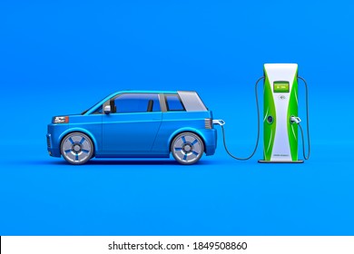  Blue Car. Generic Electric Car, Hybrid Vehicle, Futuristic City Car, Alternative Fuel Vehicle, Electric Vehicle Charging Station, In Blue Photography Studio. 3d Render.