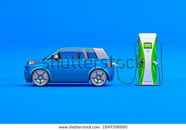  blue car. Generic\
Electric Car, Hybrid Vehicle, Futuristic City Car, Alternative Fuel\
Vehicle, Electric Vehicle Charging Station, In Blue Photography\
Studio. 3d Render.