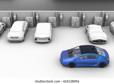 Blue Car In Parking Lot.  Other Cars Are Clay Shading Model. 3D Rendering Image.