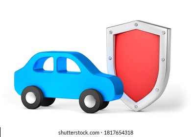 Blue Car With A Red Shield. Car Protection Or Insurance. Isolated On White Background. 3d Render
