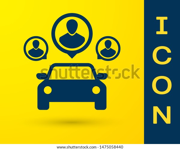 Blue Car sharing with group of people icon\
isolated on yellow background. Carsharing sign. Transport renting\
service concept