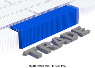 Blue Cargo container in the middle of white container isolated on white background with text Trade. Simple design. 3D illustration.
