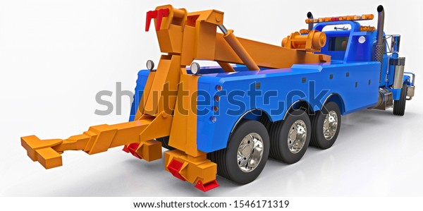 Blue cargo tow truck to\
transport other big trucks or various heavy machinery. 3d\
rendering.