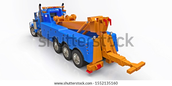 Blue cargo tow truck to\
transport other big trucks or various heavy machinery. 3d\
rendering.