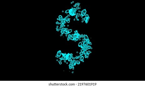 Blue Cartoon Bijouterie Clear Brilliants Font - Dollar - Peso Sign, Isolated - Object 3D Rendering