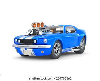 Blue Cartoon Muscle Car On White Background -front Side Views