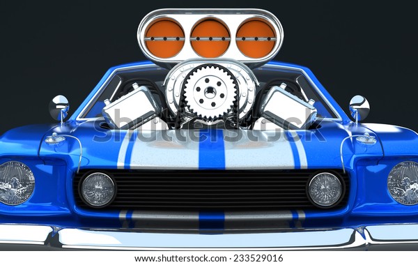 Blue Cartoon Muscle Car on black Background\
focus on compressor