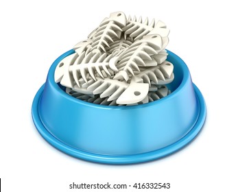 Blue Cat Bowl With Fish Bones, 3D Render Illustration Isolated On White Background