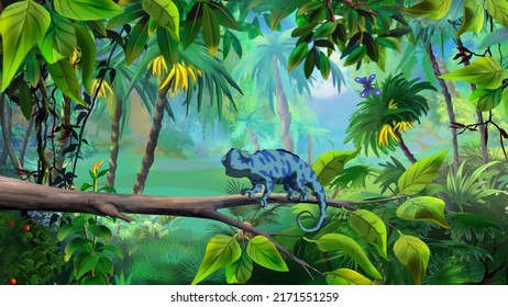 Blue Chameleon In The Rainforest. Digital Painting Background, Illustration.