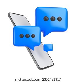Blue chat bubbles message speech dialog icon symbol or communication type talk on smartphone screen. Using mobile phone with comment thread mention or reply sign concept. 3d rendering.
