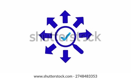 Blue checkmark inside a circle with eight arrows pointing outward in all directions