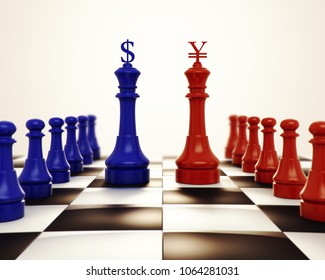 Blue chess  against red chess with dollar and yuan renminbi sign logo. Design creative illustration for USA and china trade war. 3D rendering