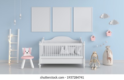 Blue Child Bedroom With Frame Mockup, 3D Rendering