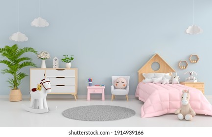 Blue Child Bedroom Interior With Free Space For Mockup, 3D Rendering