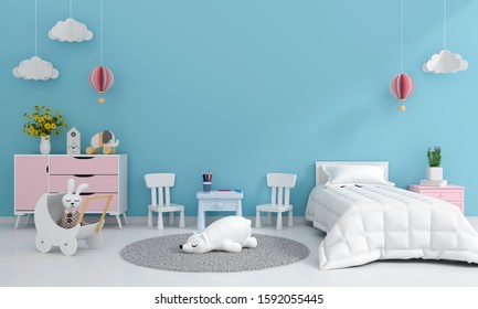 Blue Child Bedroom Interior For Mockup, 3D Rendering