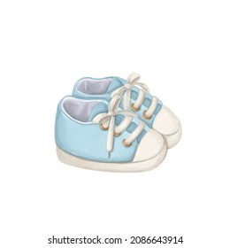 Blue Child Shoes For Boy, Watercolor Style Illustration, Hand Drawn Clipart Good For Card And Print Design