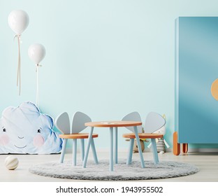 Blue Children Room Interior Mock Up With Kids Table And Toys, Child Playroom Interior Background, 3d Rendering