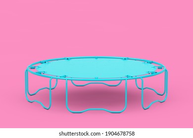 Blue Children's and Adult Round Sports Fitness Trampoline in Duotone Style on a pink background. 3d Rendering
