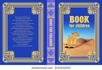 Blue children's book cover design featuring a camel walking in the desert and golden frame. no ai - Powered by Shutterstock