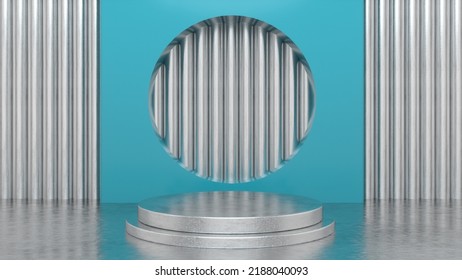 Blue Chrome Glossy Podium Platform Studio. Stage Background. Round Pedestal. Square Frame, Two Cylinder Blocks, Abstract Minimal Concept, Simple Clean Design, Luxury Minimalist Mockup. 3d Render