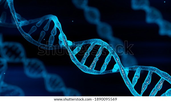 Blue chromosome DNA and gradually glowing\
flicker light matter chemical when camera moving closeup. Medical\
and Heredity genetic health concept. Technology science. 3D\
illustration\
rendering