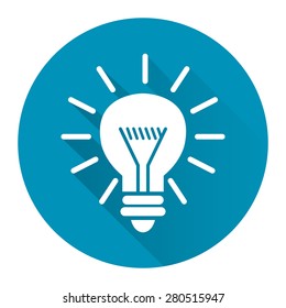 Blue Circle Idea or Light Bulb Long Shadow Style Icon, Label, Sticker, Sign or Banner Isolated on White Background