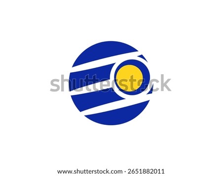a blue circle with three horizontal white lines inside. On the upper right side of the blue circle, there is a small yellow circle surrounded by a white ring.