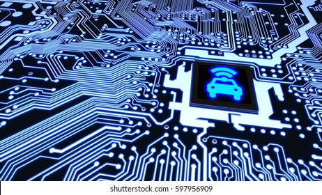 Blue Circuit Board Closeup Connected To A Cpu With A Glowing Car Wifi Symbol On Top Smart Vehicle Concept 3D Illustration