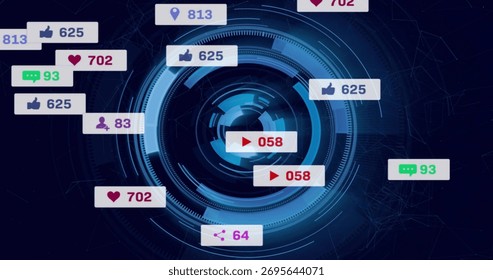 Blue circular digital interface glowing in network backdrop, with social media notification icons. Futuristic, digital, technology, interface, network, connectivity, ui
