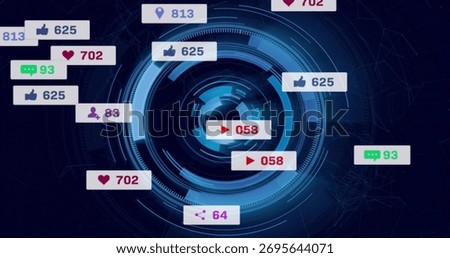 Blue circular digital interface glowing in network backdrop, with social media notification icons. Futuristic, digital, technology, interface, network, connectivity, ui