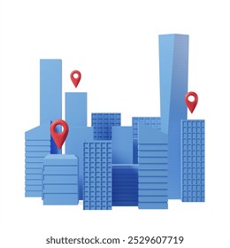 Blue city buildings with red location pins placed on top, white background. Represents navigation, mapping, and urban exploration. 3D Rendering. - Powered by Shutterstock