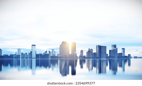 Blue Cityscape Background on Mirror Floor with Reflection.3d Rendering Building at Sunset. - Powered by Shutterstock