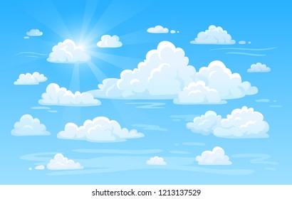 Blue Clean Bright Sunshine Air Cottony Sky With Clouds Panorama. White Heavenly Cloud Weather Background  Cartoon Illustration